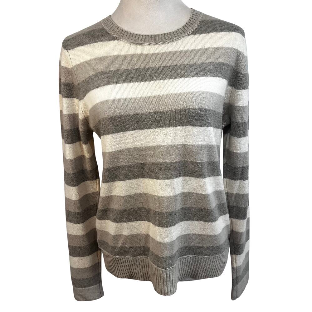 Cashmere Sweater Striped Cream Taupe Gray | Size Small | Vintage Calvin Klein